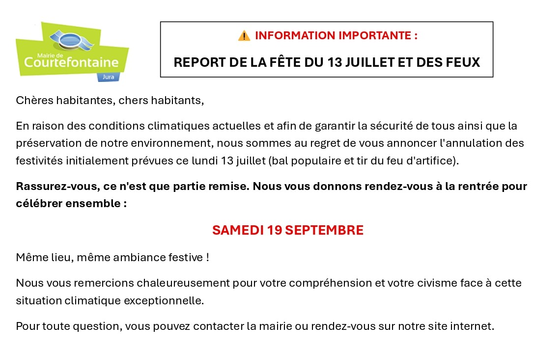 REPORT DE LA FÊTE DU 13 JUILLET ET DES FEUX